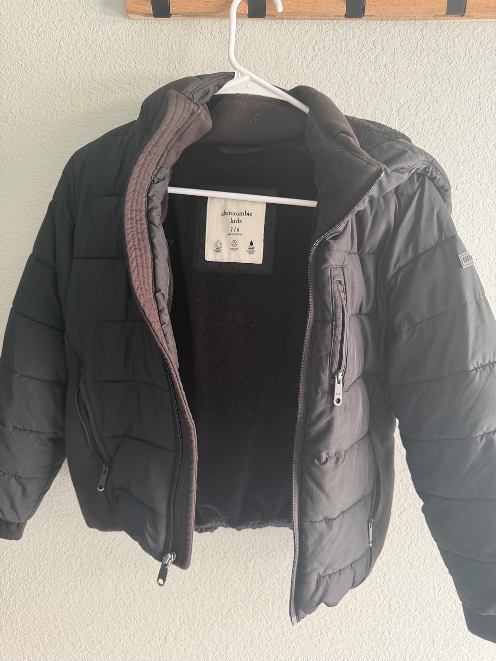 abercrombie kids black puffer jacket with fleece lining